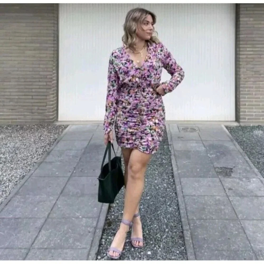 ZARA L Blogger Fav Satin Mini Wrap Dress Abstract Floral Multicolored L/Sleeve